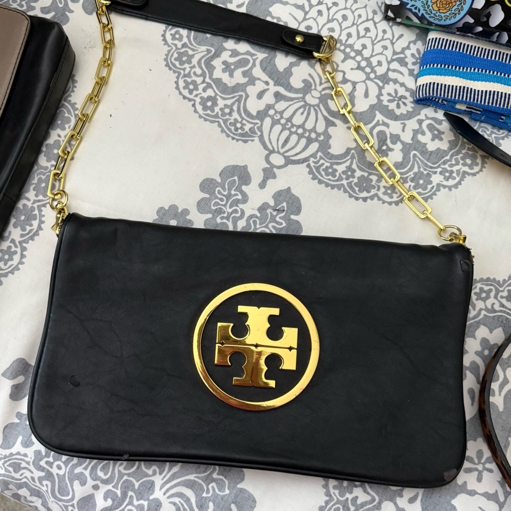 Tory Burch Black and Gold Clutch with Chain Detail